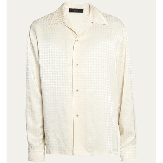 Amiri women's MA Quad monogram print viscose long sleeve shirt, front view.