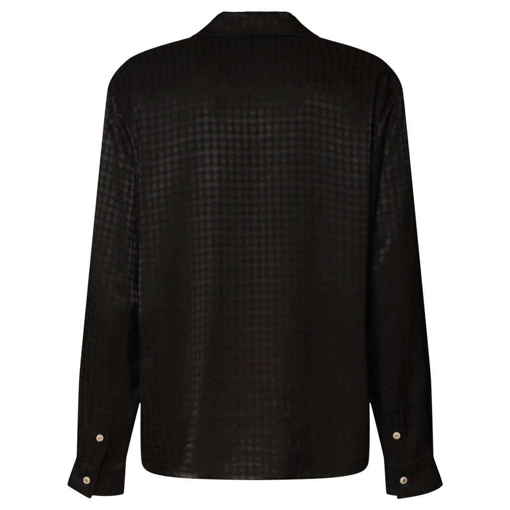 Amiri women's MA Quad monogram print viscose long sleeve shirt with notched collar, back view.
