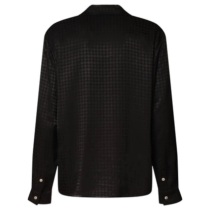 Amiri women's MA Quad monogram print viscose long sleeve shirt with notched collar, back view.
