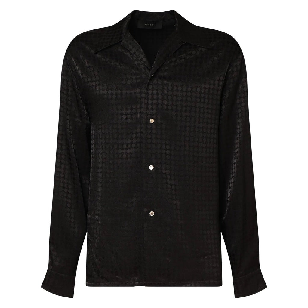 Amiri women's MA Quad monogram print viscose long sleeve shirt with notched collar, front view.

