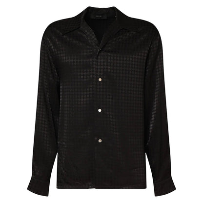 Amiri women's MA Quad monogram print viscose long sleeve shirt with notched collar, front view.

