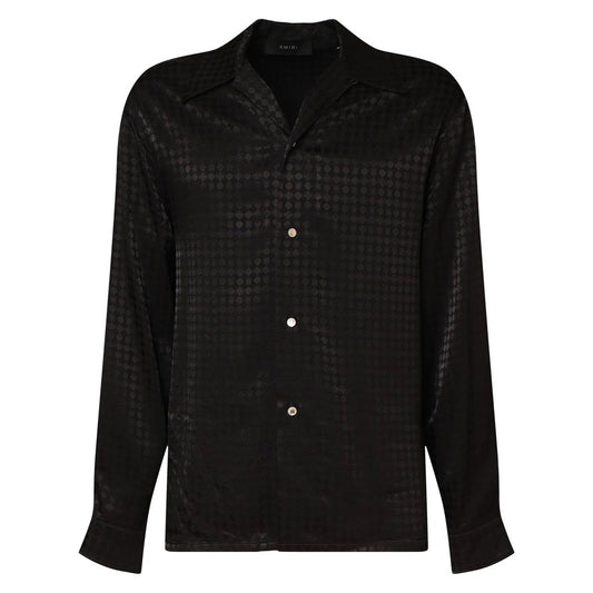 Amiri women's MA Quad monogram print viscose long sleeve shirt with notched collar, front view.
