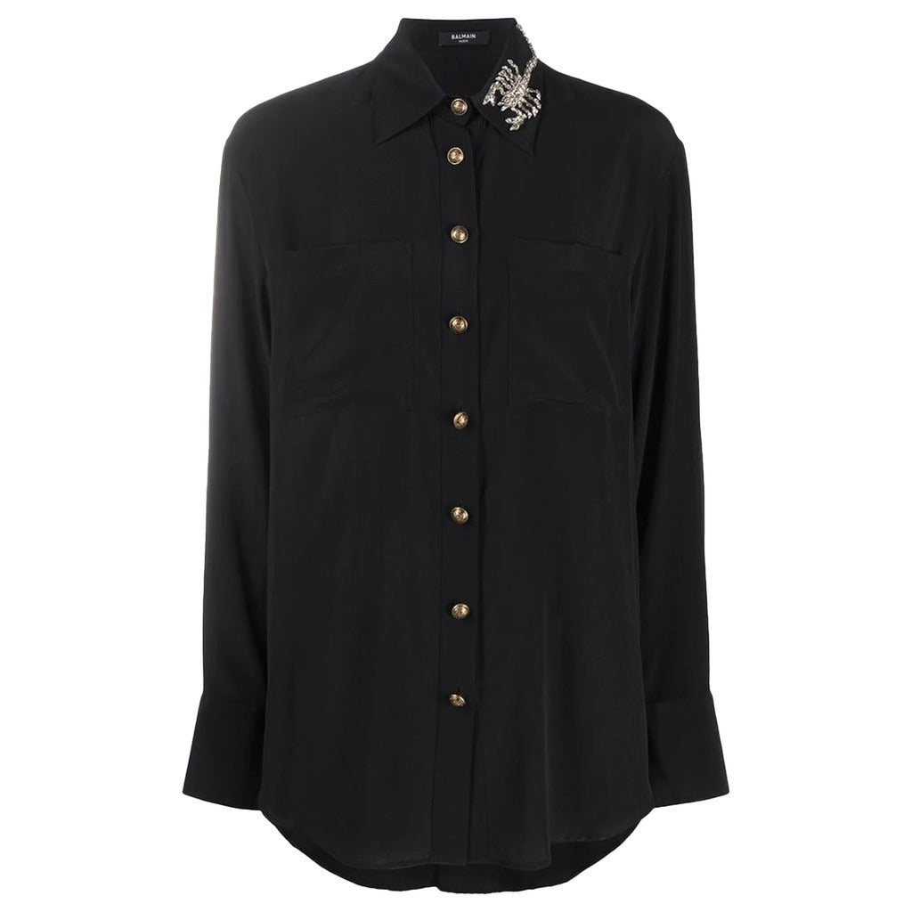 Balmain black silk shirt with crystal scorpion embroidery on front panel.