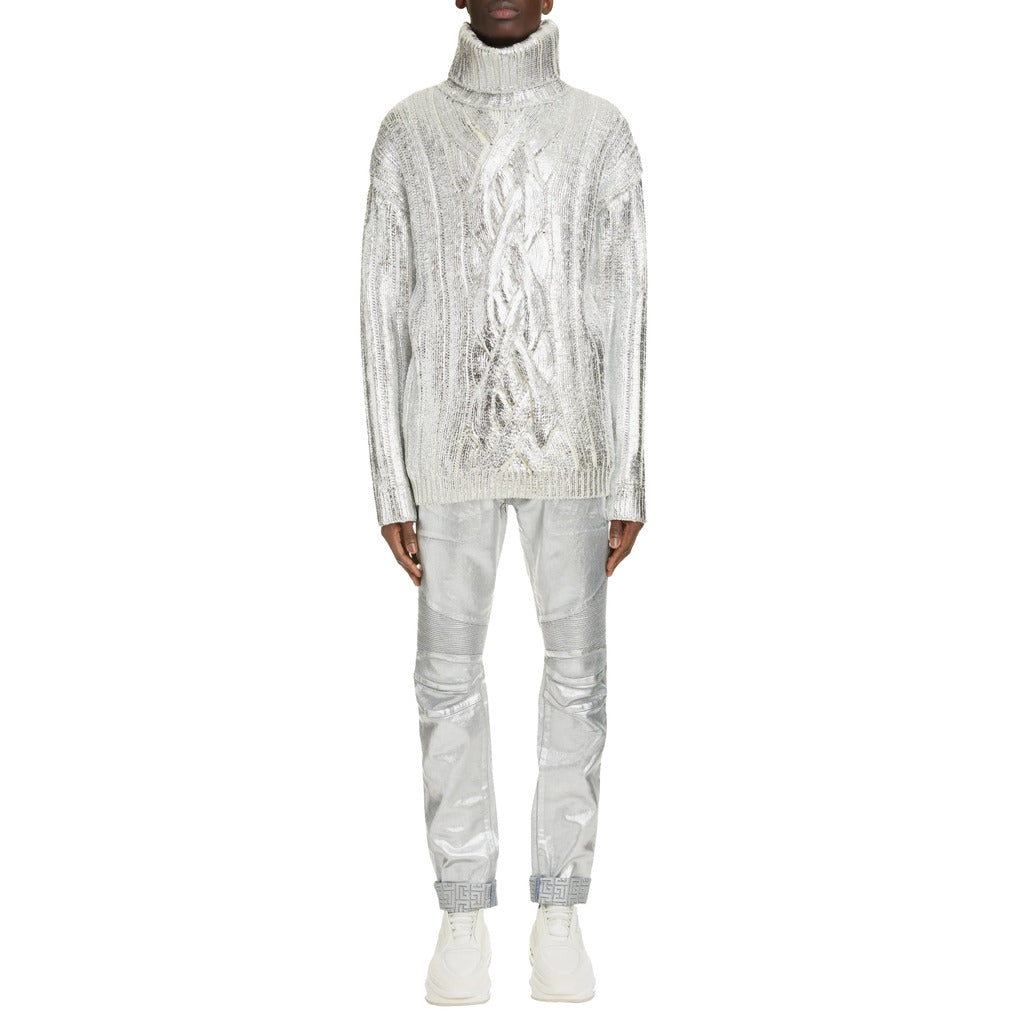 Balmain silver metallic cable knit turtleneck sweater general view.