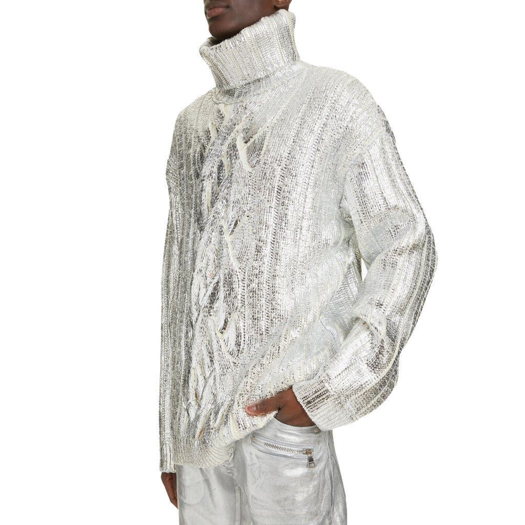 Balmain silver metallic cable knit turtleneck sweater front view.
