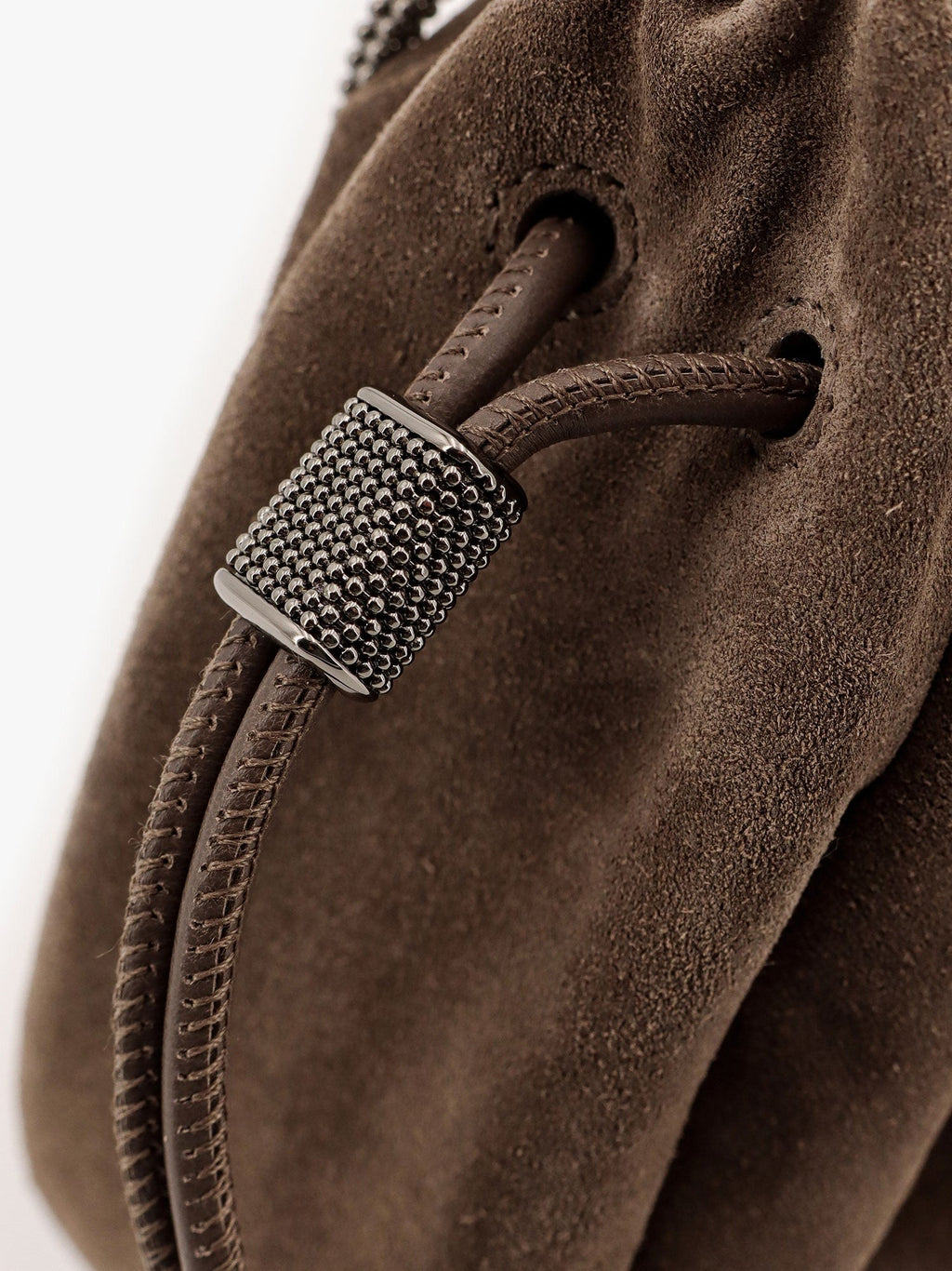 Brunello Cucinelli Bucket Mellow Wildleder-Schultertasche mit Precious Chain