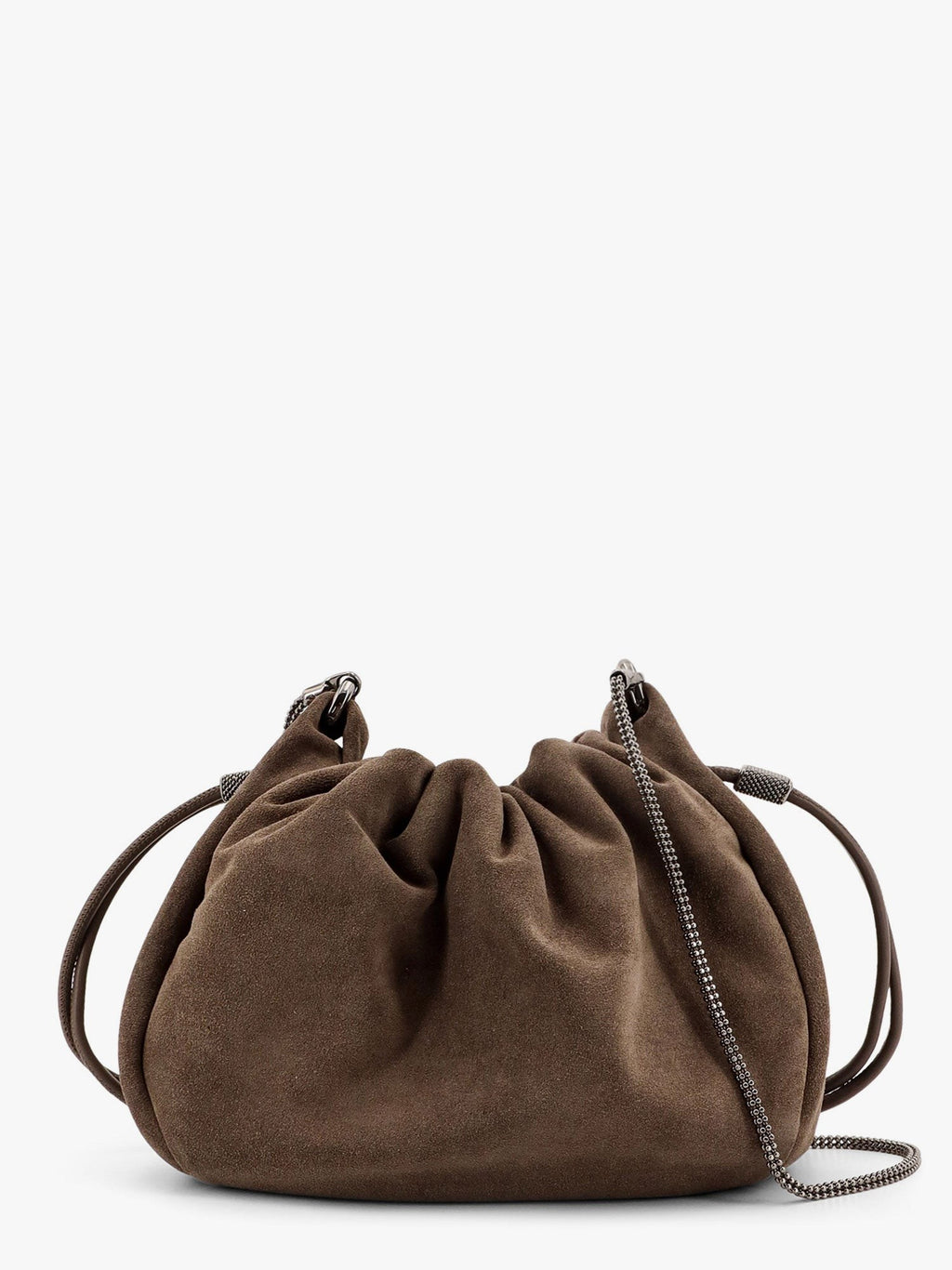 Brunello Cucinelli Bucket Mellow Wildleder-Schultertasche mit Precious Chain