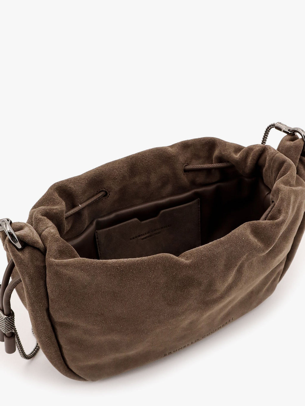 Brunello Cucinelli Bucket Mellow Wildleder-Schultertasche mit Precious Chain