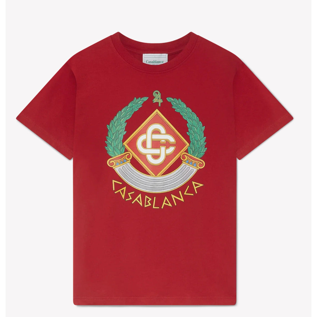 Red Casablanca Casa Crest organic cotton t-shirt with front graphic print.

