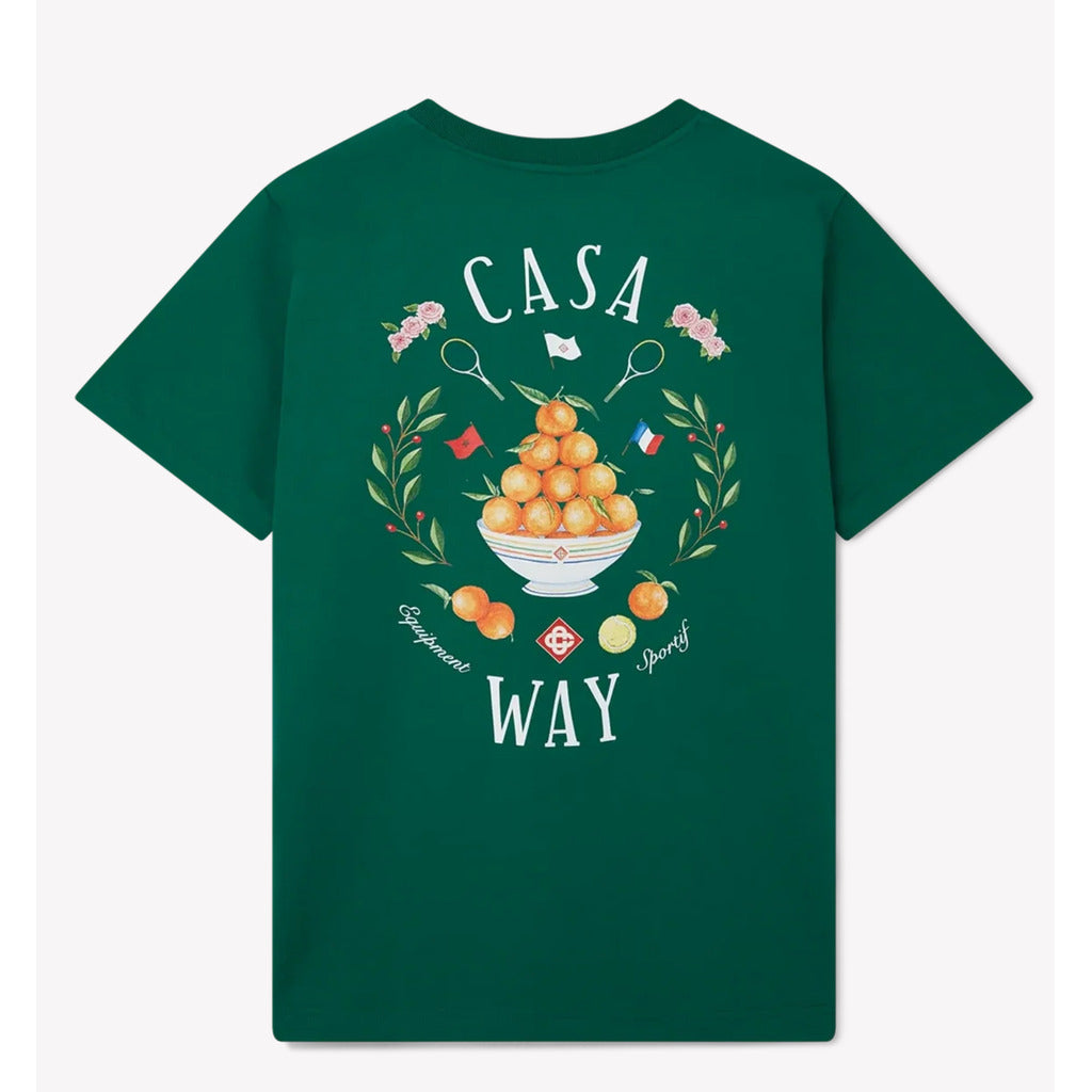 Back view of Casablanca 'Casa Way' green tee showing large repeated iconographic artwork
