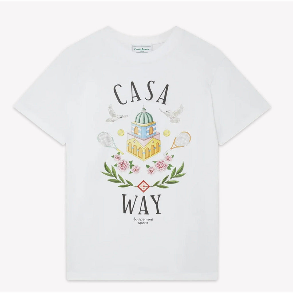 Casablanca 'Casa Way' white organic cotton t-shirt featuring signature screen-printed artwork, front view
