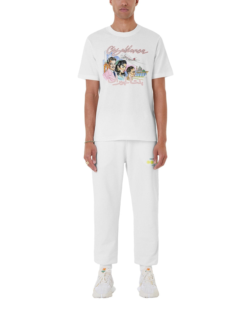 White Casablanca La Liaison organic cotton t-shirt featuring Arabic iconography and Casablanca symbology, on model