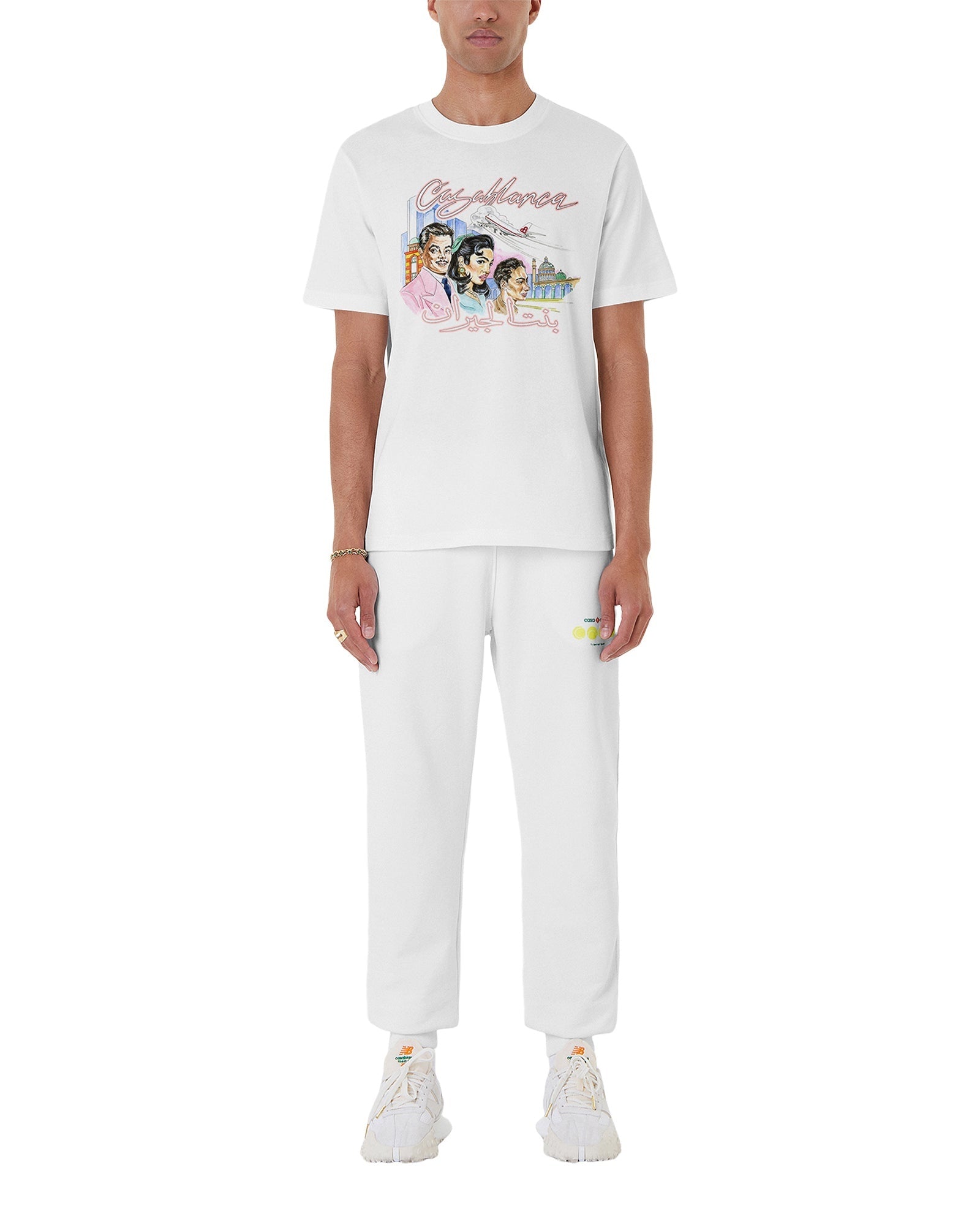 White Casablanca La Liaison organic cotton t-shirt featuring Arabic iconography and Casablanca symbology, on model