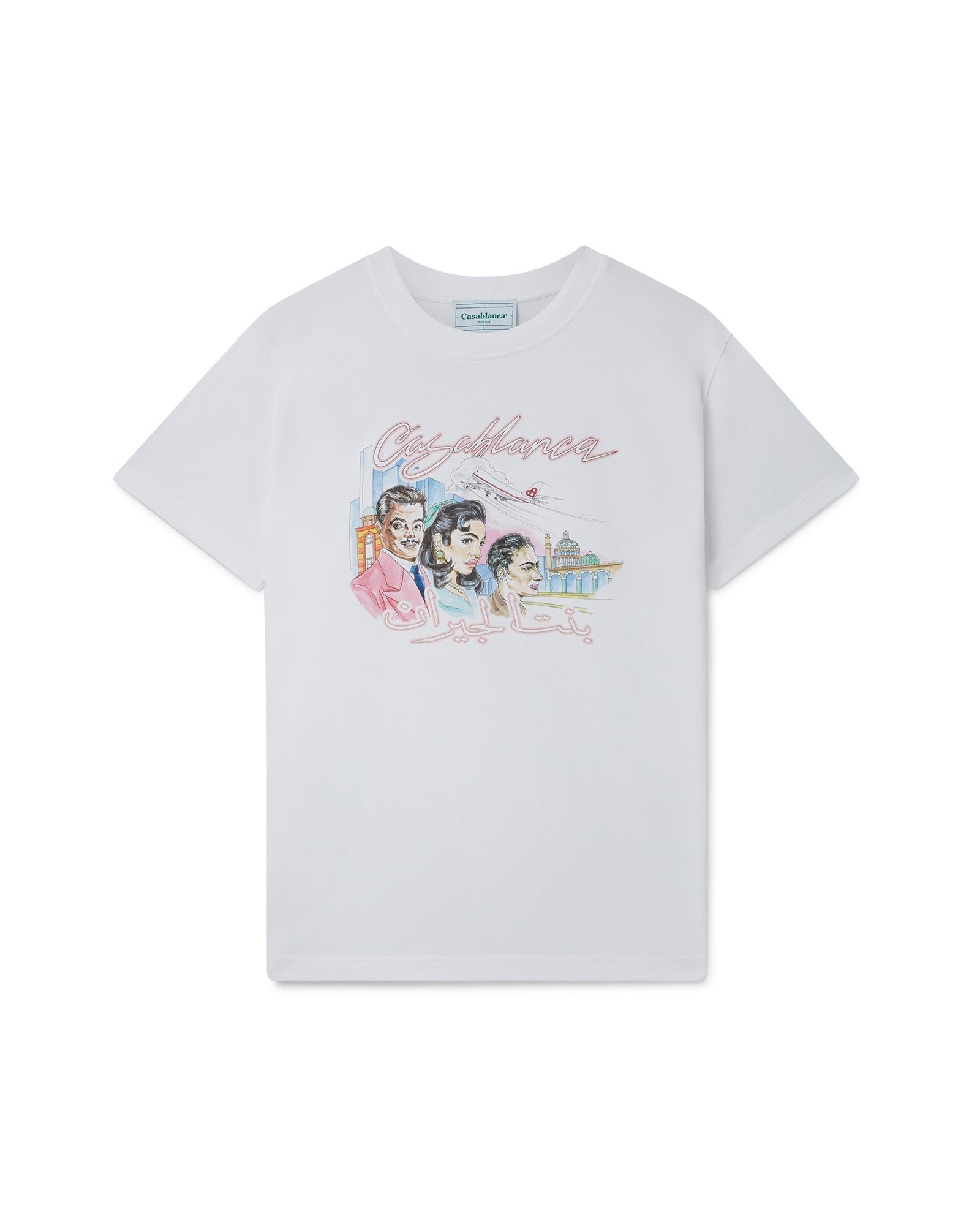 White Casablanca La Liaison organic cotton t-shirt featuring Arabic iconography and Casablanca symbology.
