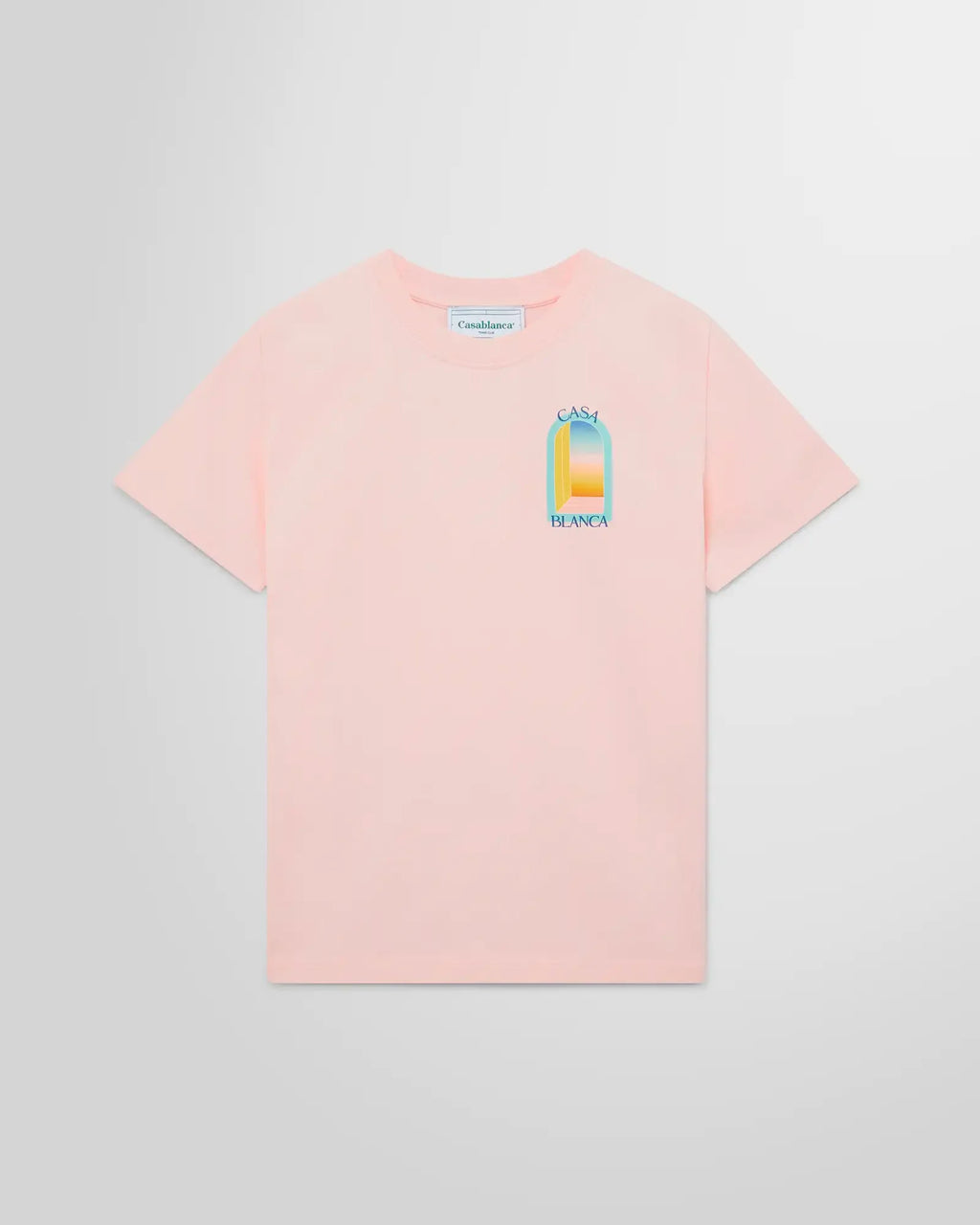 Pink Casablanca L'Arc Coloré organic cotton t-shirt with pastel gradient arch print.
