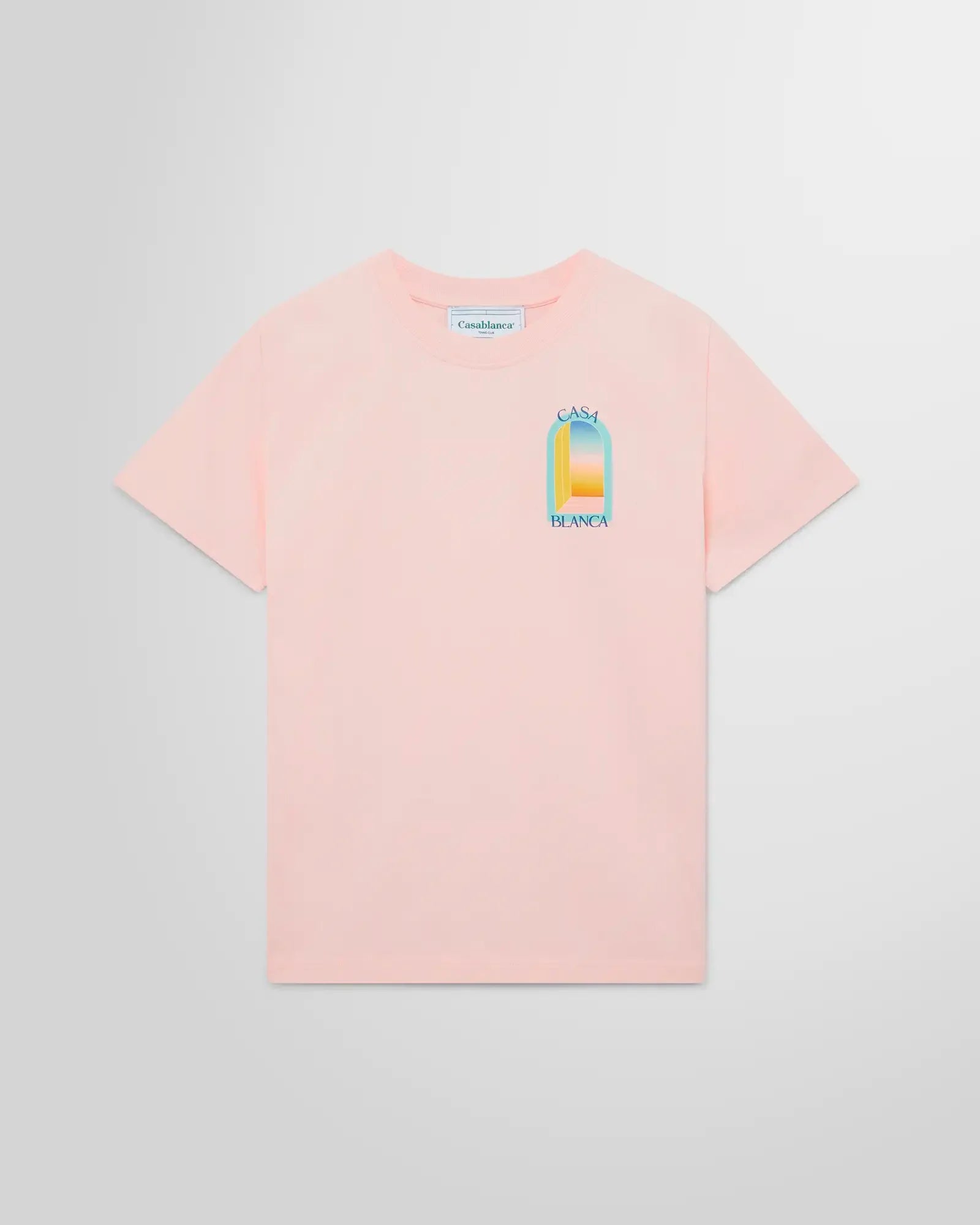 Pink Casablanca L'Arc Coloré organic cotton t-shirt with pastel gradient arch print.
