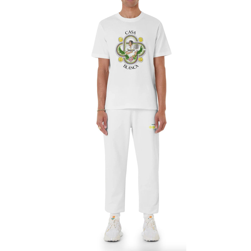White Casablanca Le Joueur organic cotton t-shirt with tennis iconography screen print, on model
