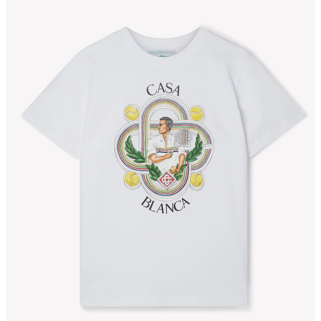 White Casablanca Le Joueur organic cotton t-shirt with tennis iconography screen print.