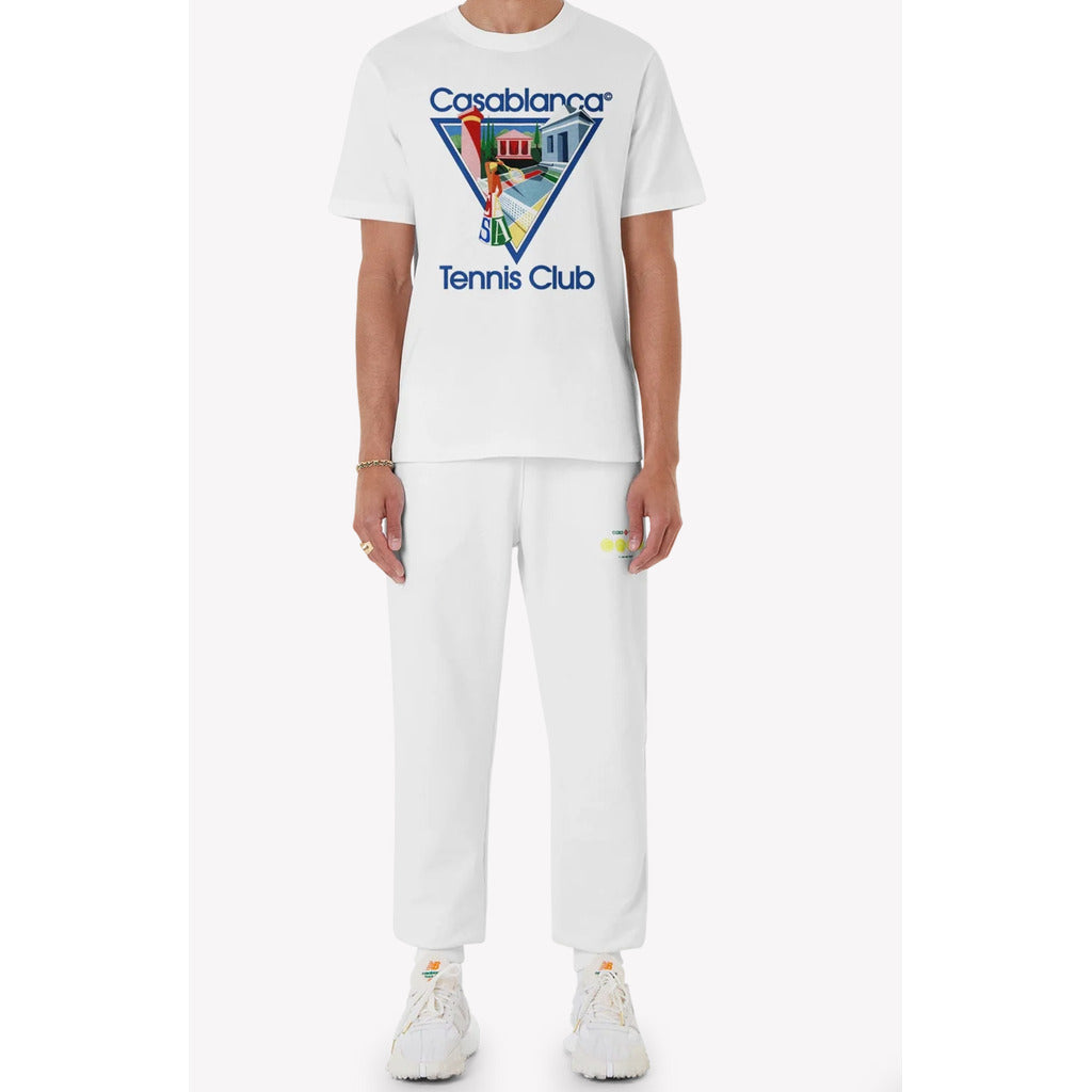 Model wearing the unisex Casablanca Le Joueuse white t-shirt, relaxed fit.