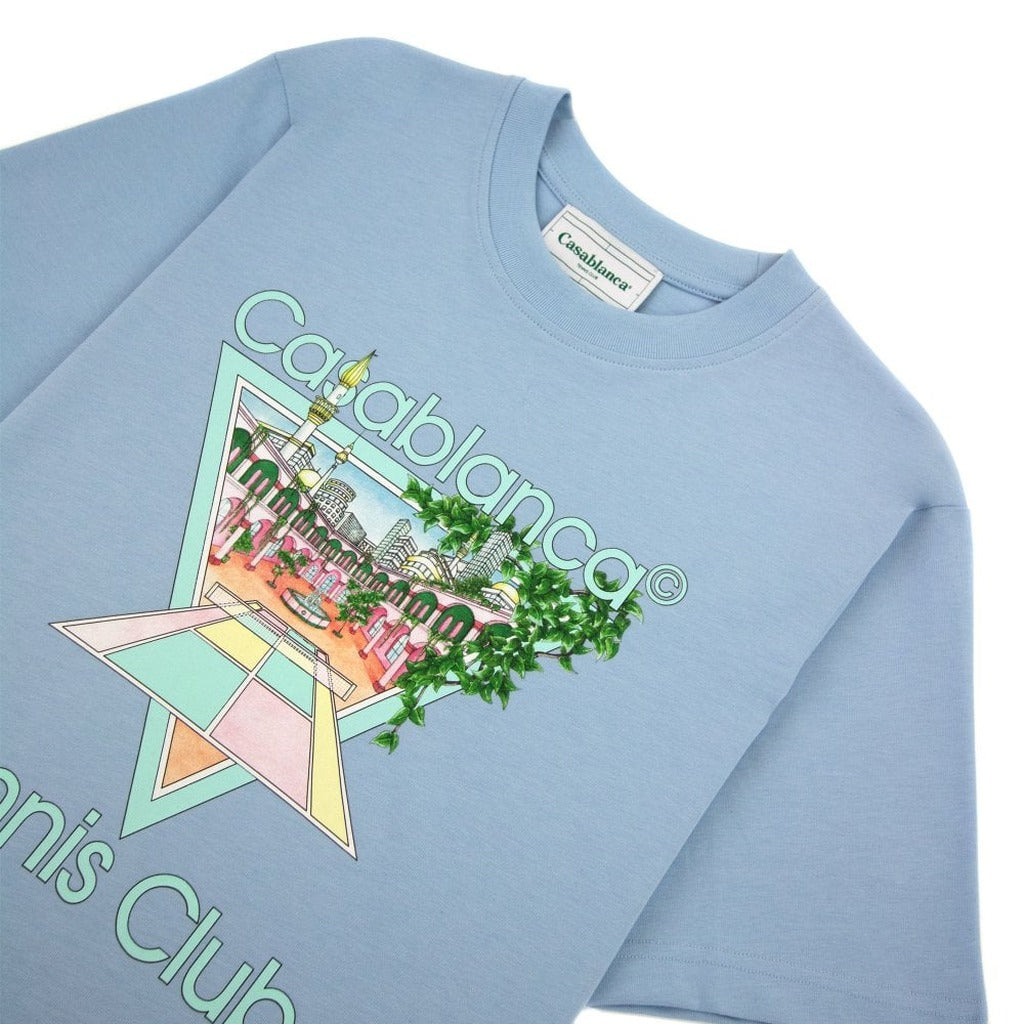 Detail of the classic crewneck on the Casablanca pale blue organic cotton t-shirt