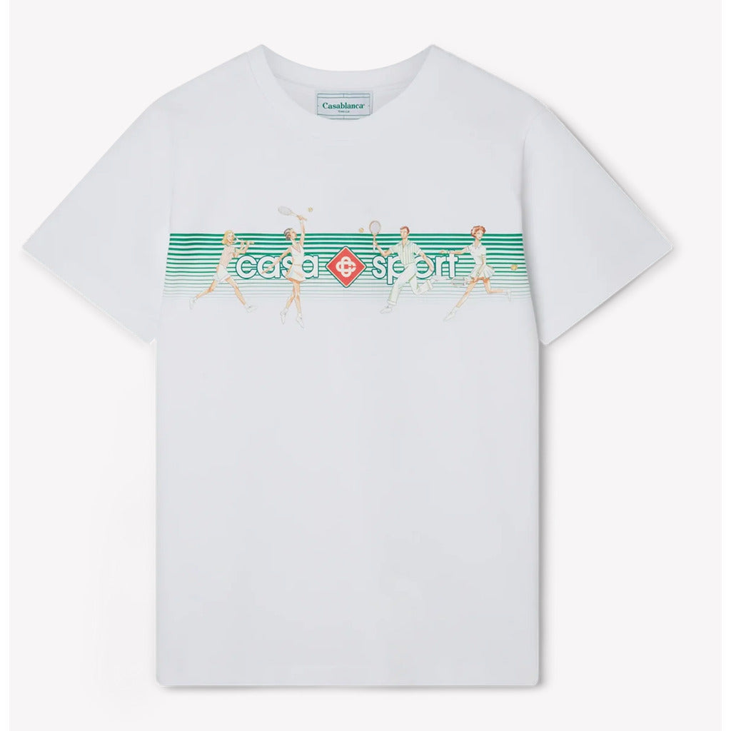 Casablanca 'Playful Stripes' Sport white organic cotton t-shirt, front view with artwork
