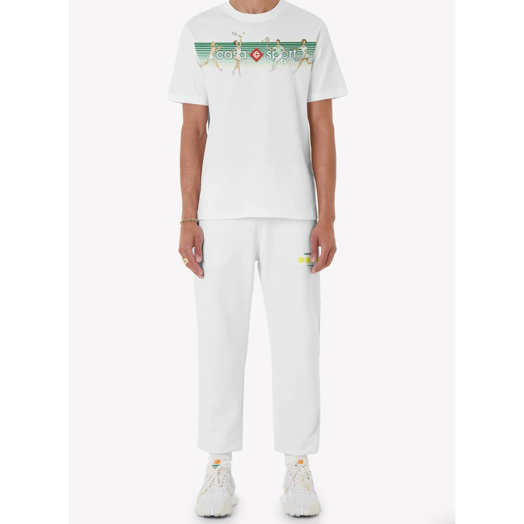 Model wearing the Casablanca 'Playful Stripes' Sport white relaxed fit t-shirt
