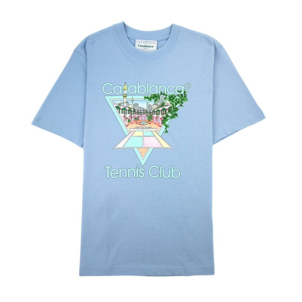 Casablanca 'Tennis Club Icon' pale blue organic cotton t-shirt with screen print, front view
