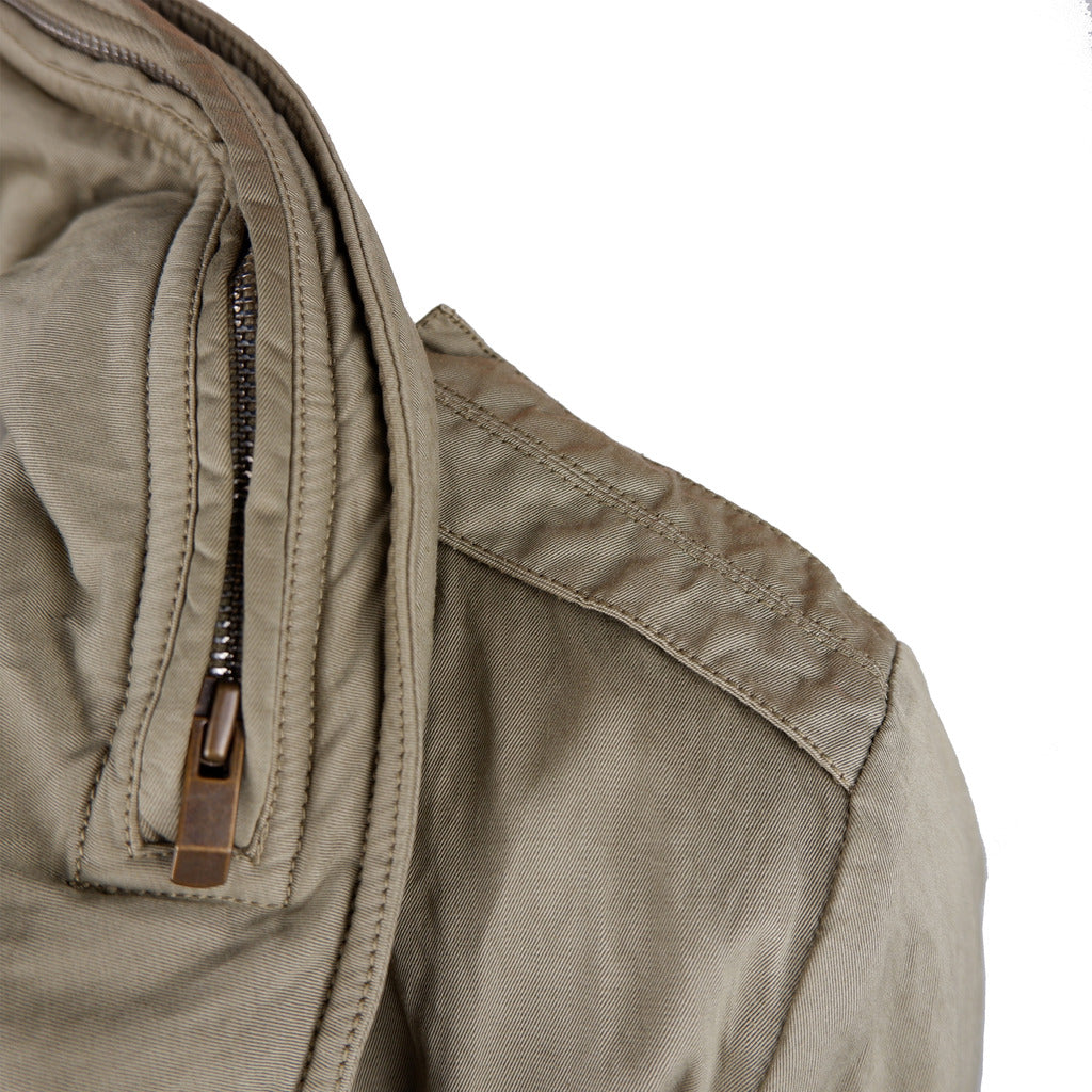 Close detail of the hidden hood zipped into the collar of the CP Company army jacket.