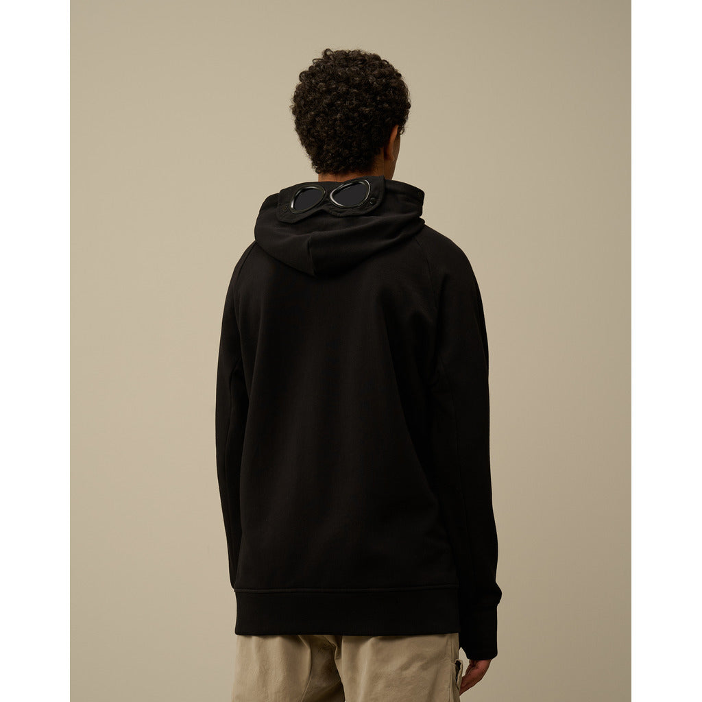 Back view of the CP Company black regular fit Goggle hooded sweatshirt.

