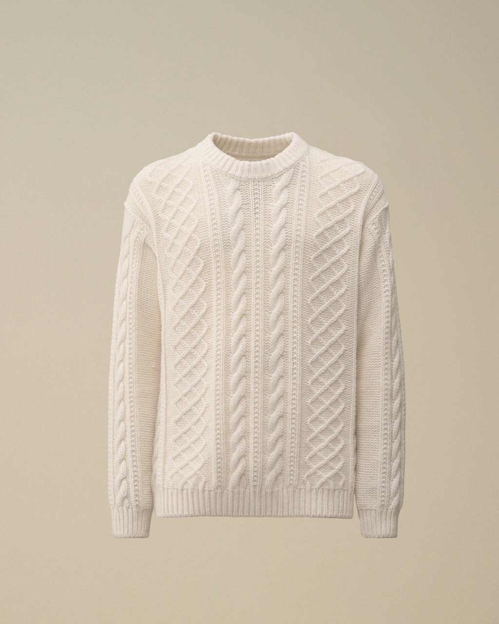 CP Company cream white cable-knit wool-blend sweater with front embroidered logo.
