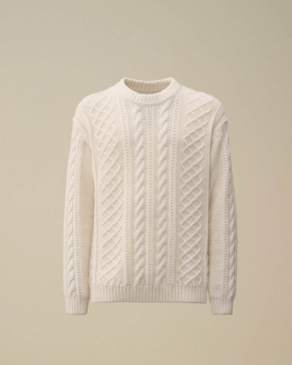 CP Company cream white cable-knit wool-blend sweater with front embroidered logo.
