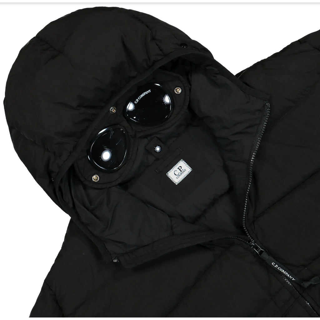 Close-up of the integrated Goggles on the hood of the CP Company Chrome-R jacket.
