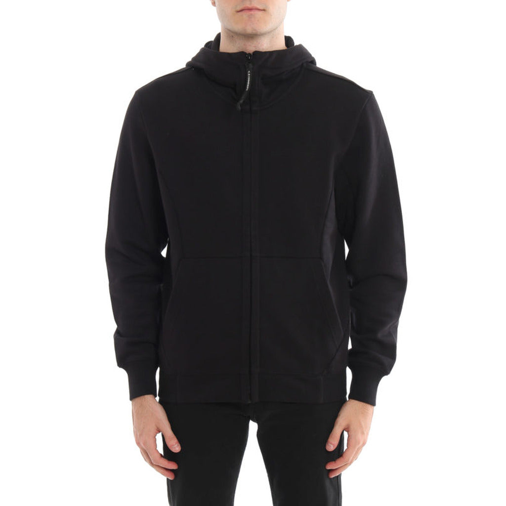 CP Company black cotton Goggle hooded jacket, front view with zip on model