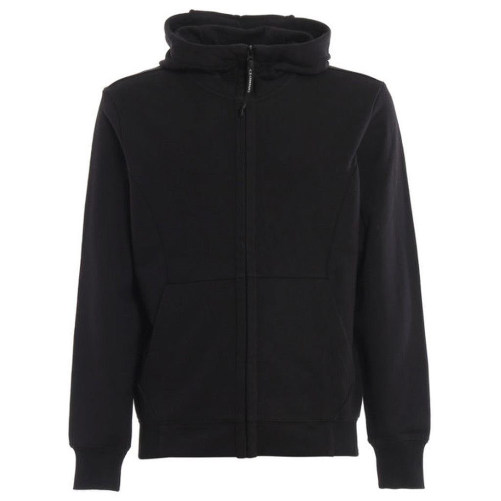 CP Company black cotton Goggle hooded jacket, front view with zip.
