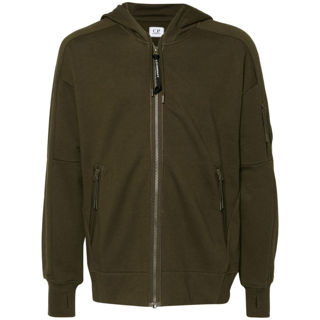 CP Company green cotton goggle zip hoodie, front view with zip