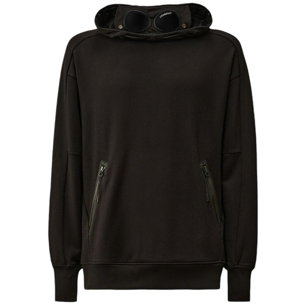CP Company black diagonal cotton Goggle hoodie, front view