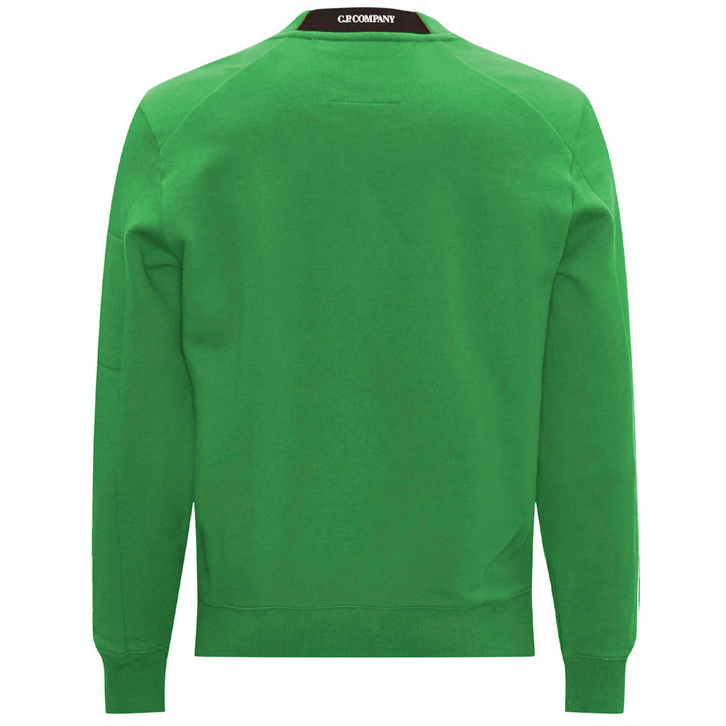 CP Company green diagonal fleece crewneck sweatshirt, back view.
