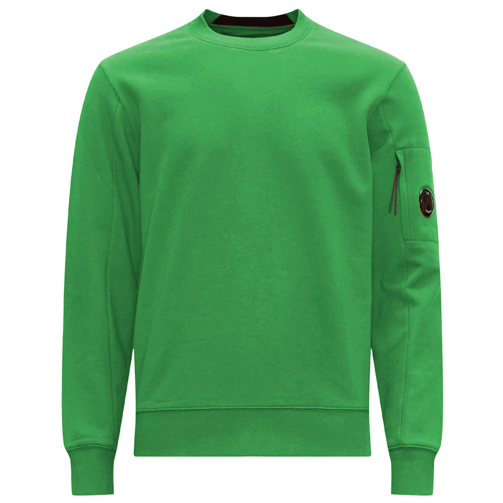 CP Company green diagonal fleece crewneck sweatshirt, front view.
