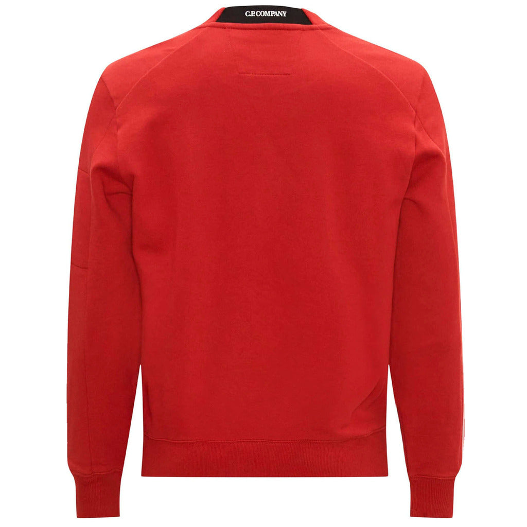CP Company red diagonal fleece crewneck sweatshirt, back view.
