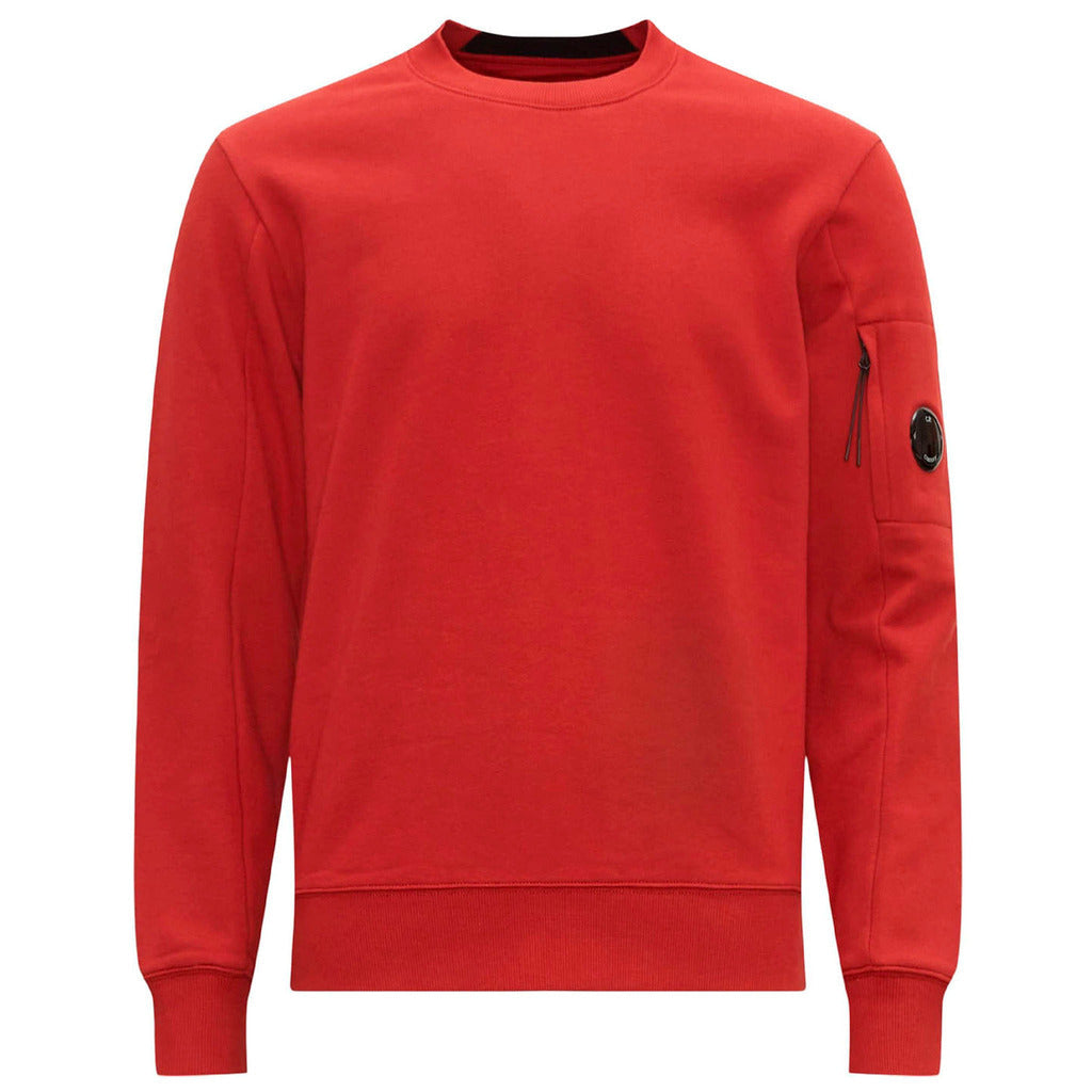 CP Company red diagonal fleece crewneck sweatshirt, front view.
