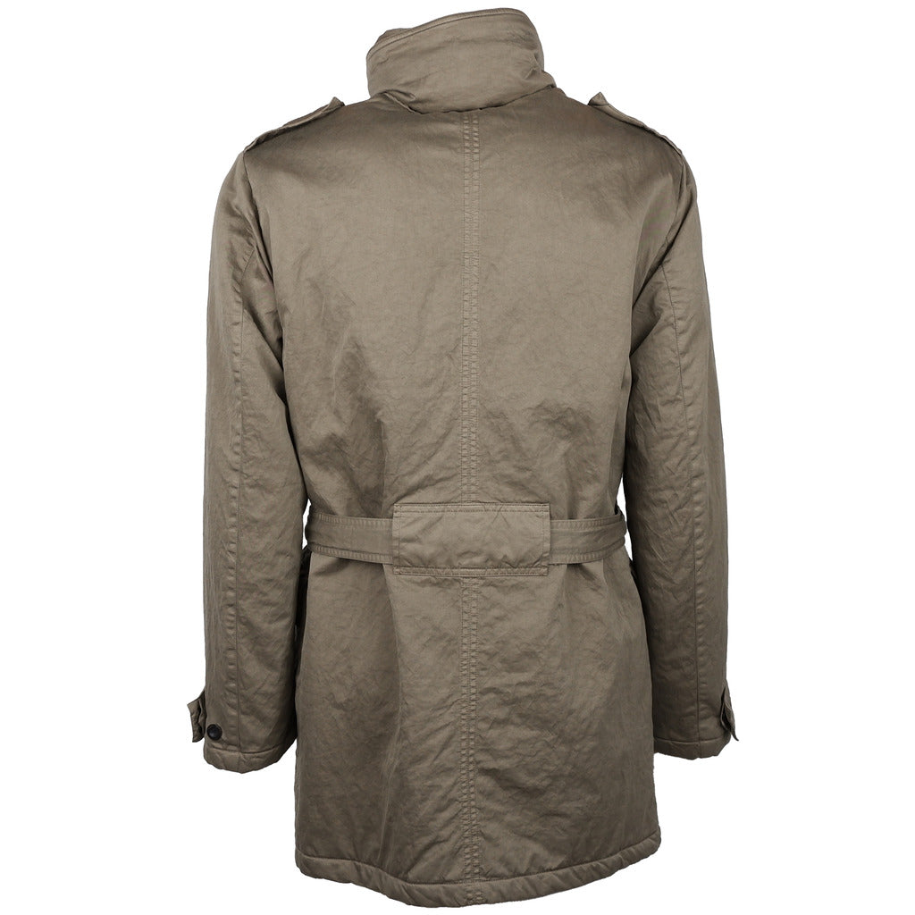 CP Company cotton double-breasted army jacket with waist belt, back view.