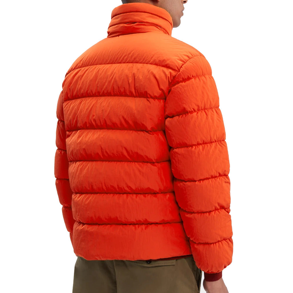 Back view of the CP Company red Eco-Chrome R stylish down outerwear.
