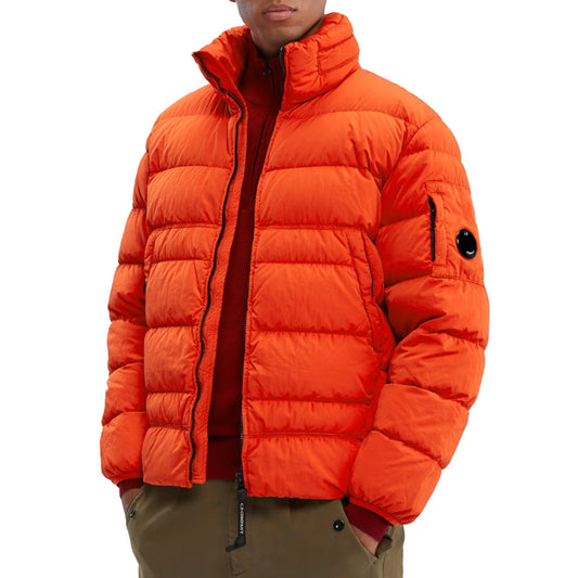 CP Company red Eco-Chrome R down jacket with hidden hood, front view on model