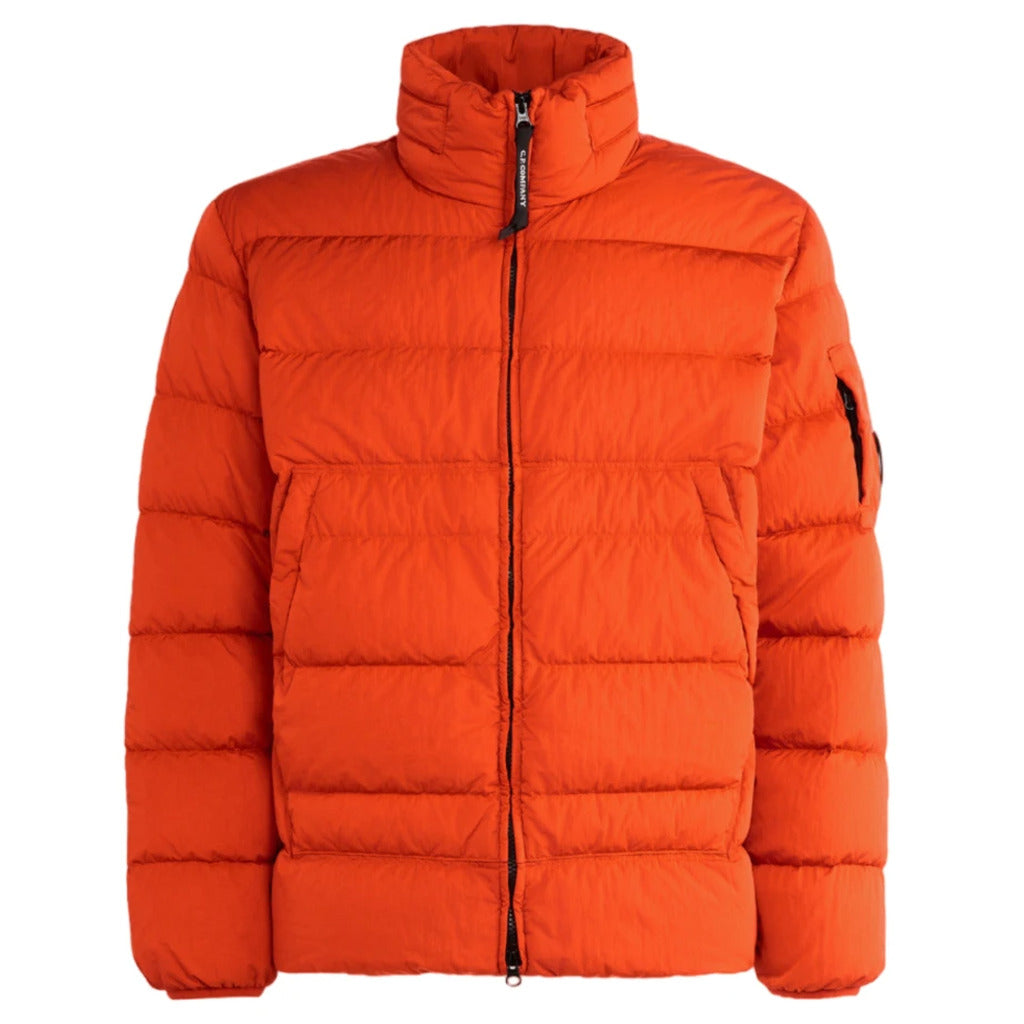 CP Company red Eco-Chrome R down jacket with hidden hood, front view.

