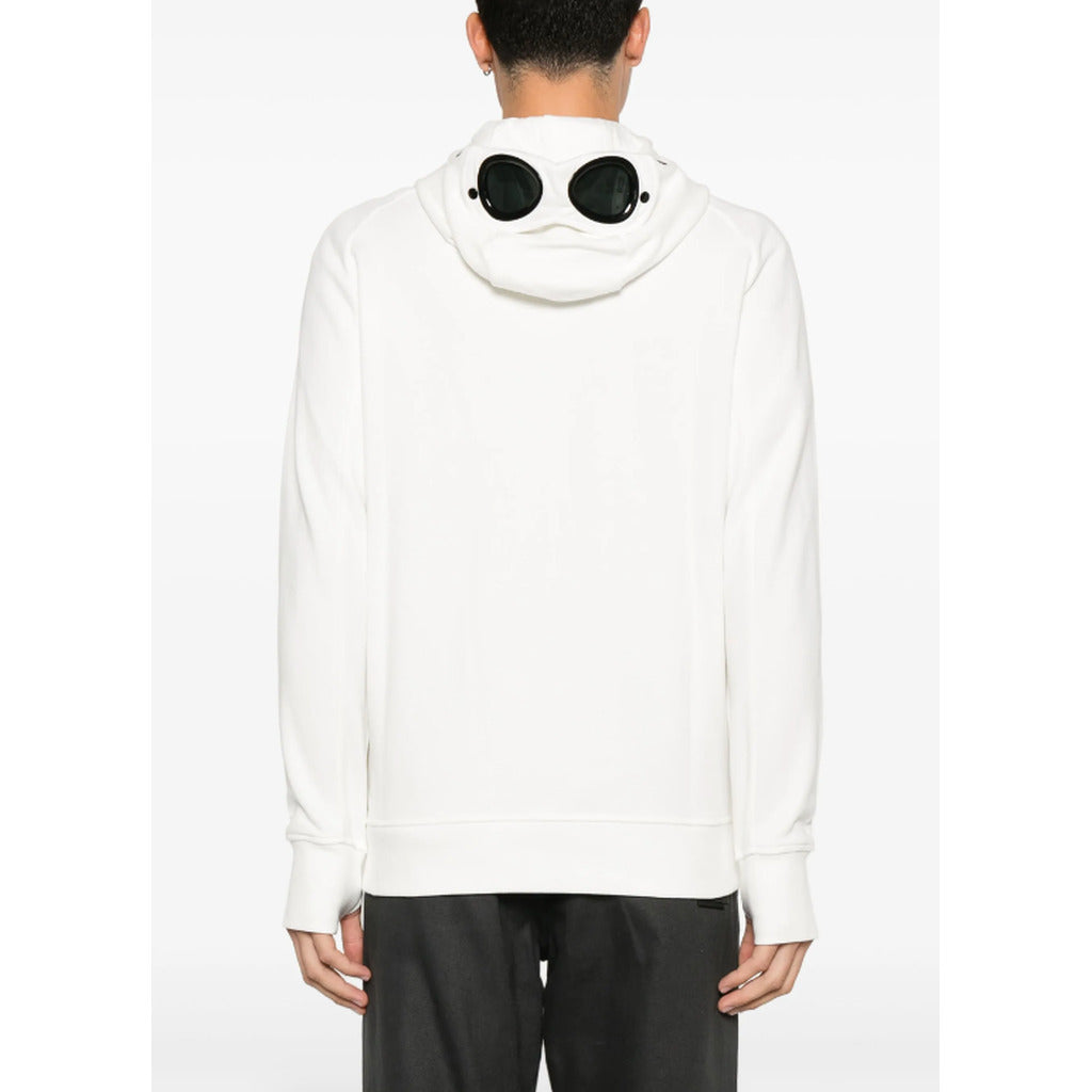 Back view of the CP Company white diagonal raised fleece Goggle hooded sweatshirt.
