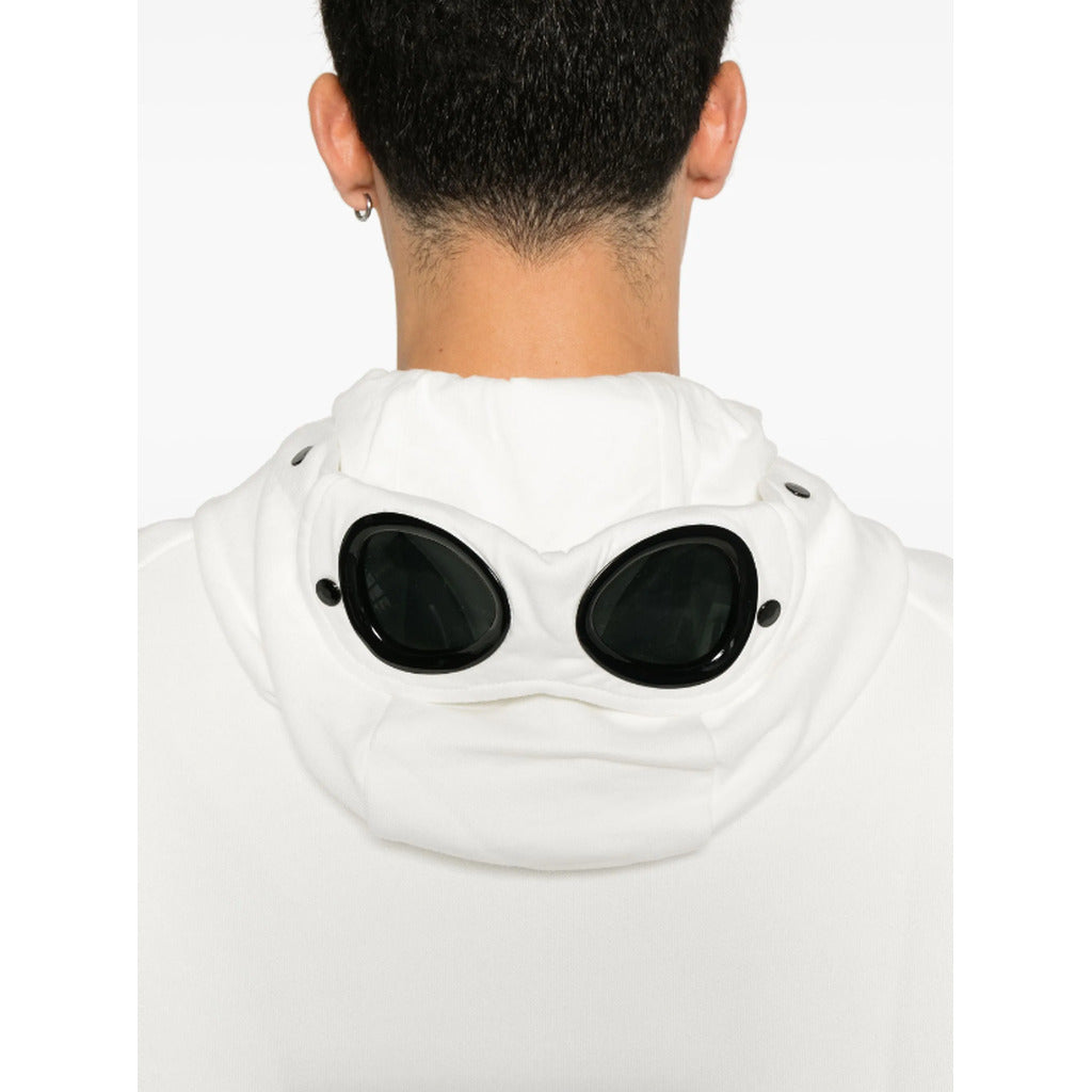 Adjustable drawstring hood with Goggle detail on the CP Company white sweatshirt.
