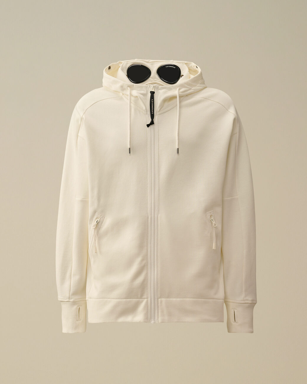 CP Company white cotton Goggle hooded sweatshirt, front view with zip.

