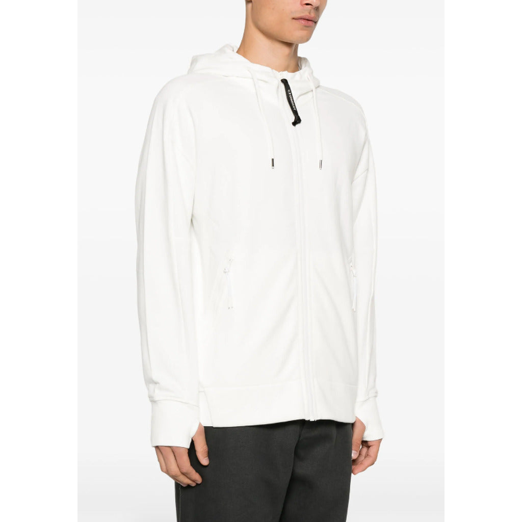 CP Company white cotton Goggle hooded sweatshirt, side view with zip.