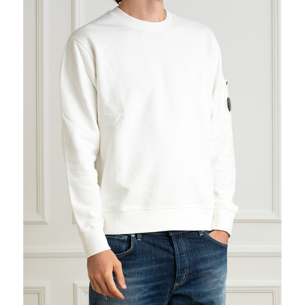 Full view of the CP Company white unisex cotton goggle pocket sweatshirt