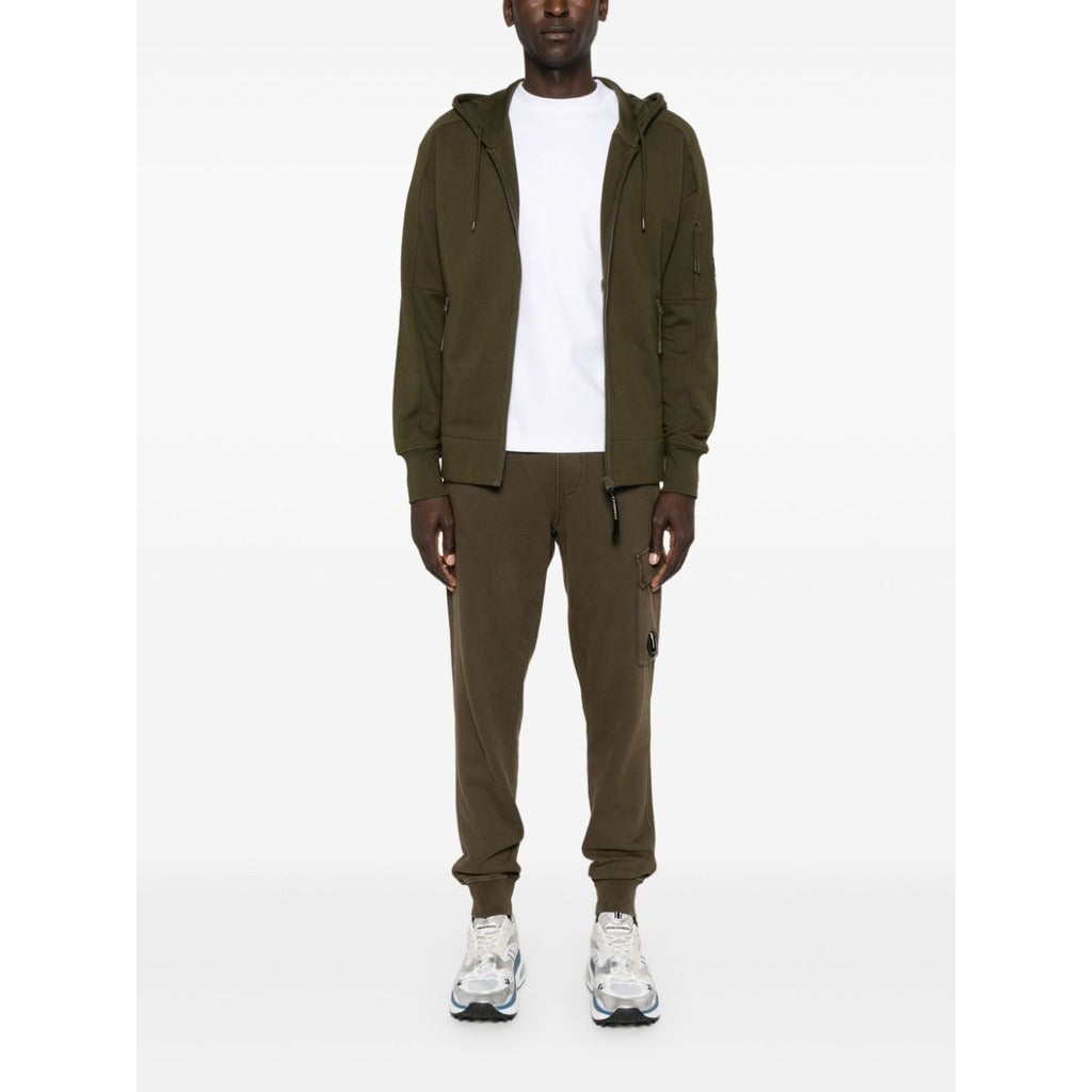 Full view of the CP Company green cotton goggle zip hoodie.
